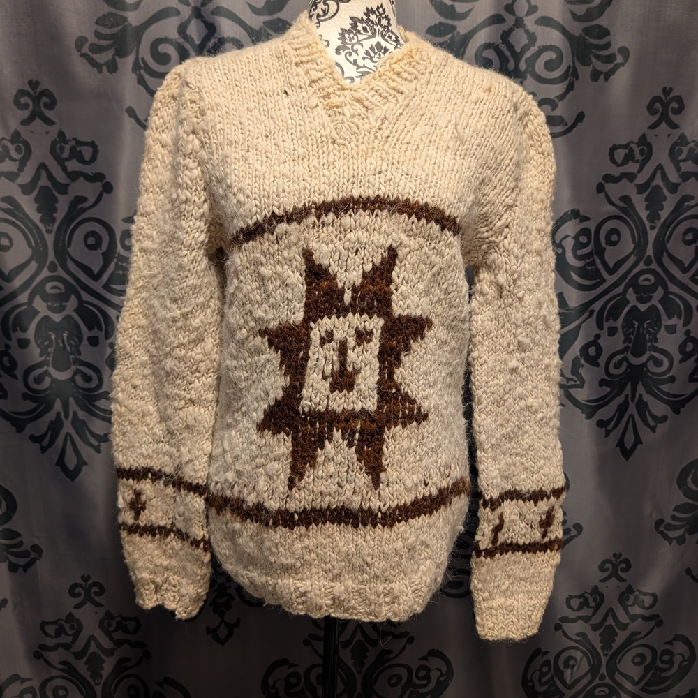 Vintage Cowichan Natural Wool Hand Knit Sweater Handmade Sun Motif No Tags